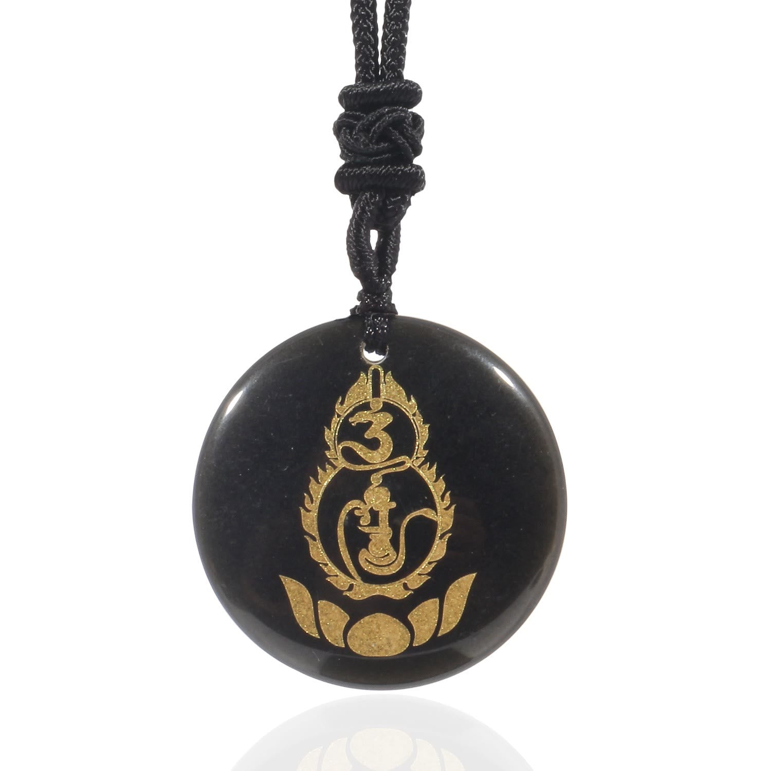 Black Obsidian Mantra Pendant – polished black disc with gold Buddha and lotus engraving, black woven cord, protective talisman
