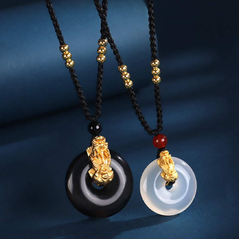 Black Onyx Agate Peace Buckle PiXiu Necklace – black onyx and white agate peace buckle necklaces with gold PiXiu, couple set