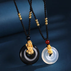 Black Onyx Agate Peace Buckle PiXiu Necklace – black onyx and white agate peace buckle necklaces with gold PiXiu, couple set