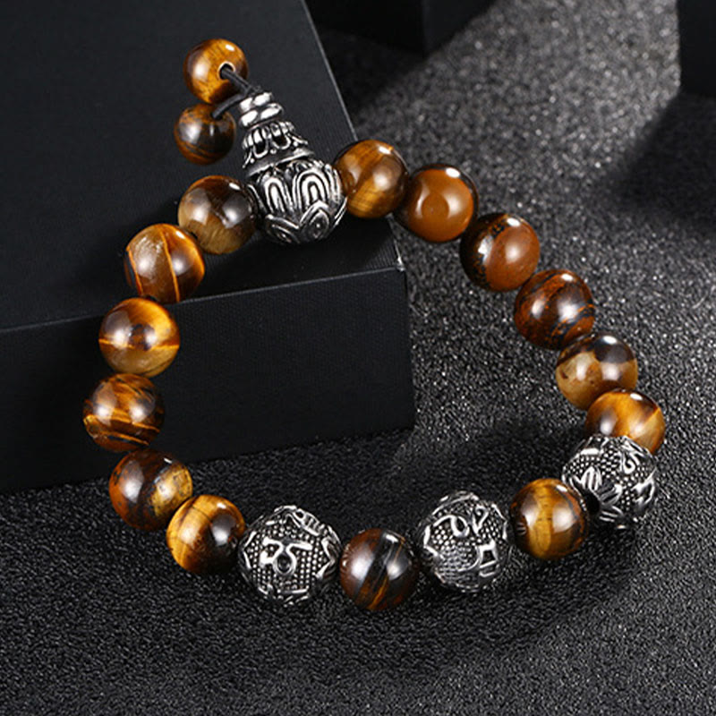 Tiger Eye Lava Rock Obsidian Om Mani Padme Hum Bracelet – tiger eye beads on black box, protection strength