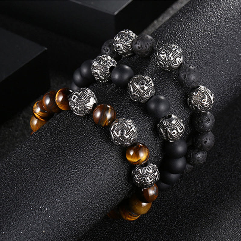 Tiger Eye Lava Rock Obsidian Om Mani Padme Hum Bracelet – tiger eye and lava pair, dual strength set