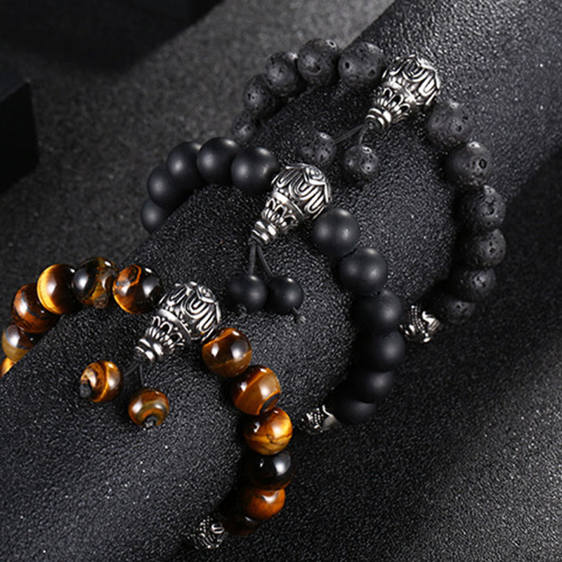 Tiger Eye Lava Rock Obsidian Om Mani Padme Hum Bracelet – three stone variants stacked, triple protection