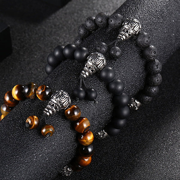 Tiger Eye Lava Rock Obsidian Om Mani Padme Hum Bracelet – three stone variants stacked, triple protection
