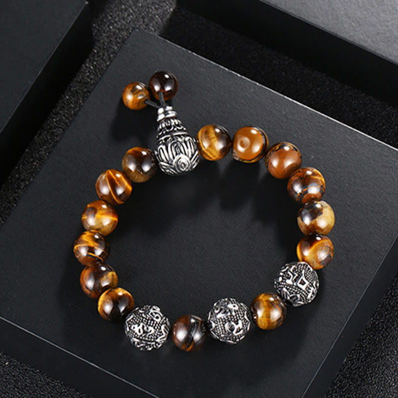 Tiger Eye Lava Rock Obsidian Om Mani Padme Hum Bracelet – top view tiger eye on black, bold masculine