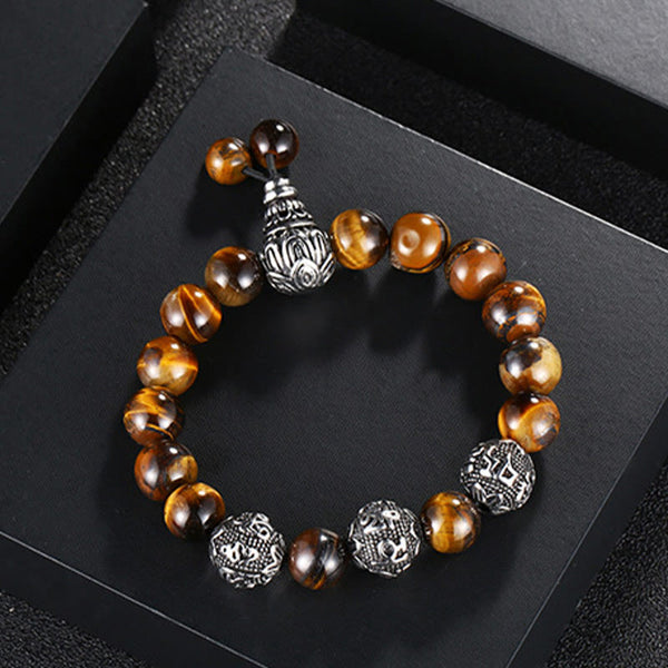 Tiger Eye Lava Rock Obsidian Om Mani Padme Hum Bracelet – top view tiger eye on black, bold masculine