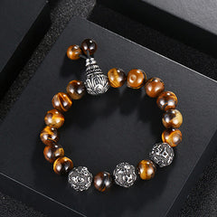 Tiger Eye Lava Rock Obsidian Om Mani Padme Hum Bracelet – top view tiger eye on black, bold masculine
