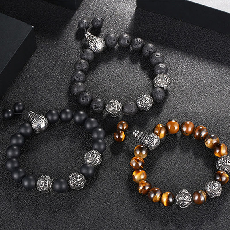 Tiger Eye Lava Rock Obsidian Om Mani Padme Hum Bracelet – all three styles black surface, complete collection