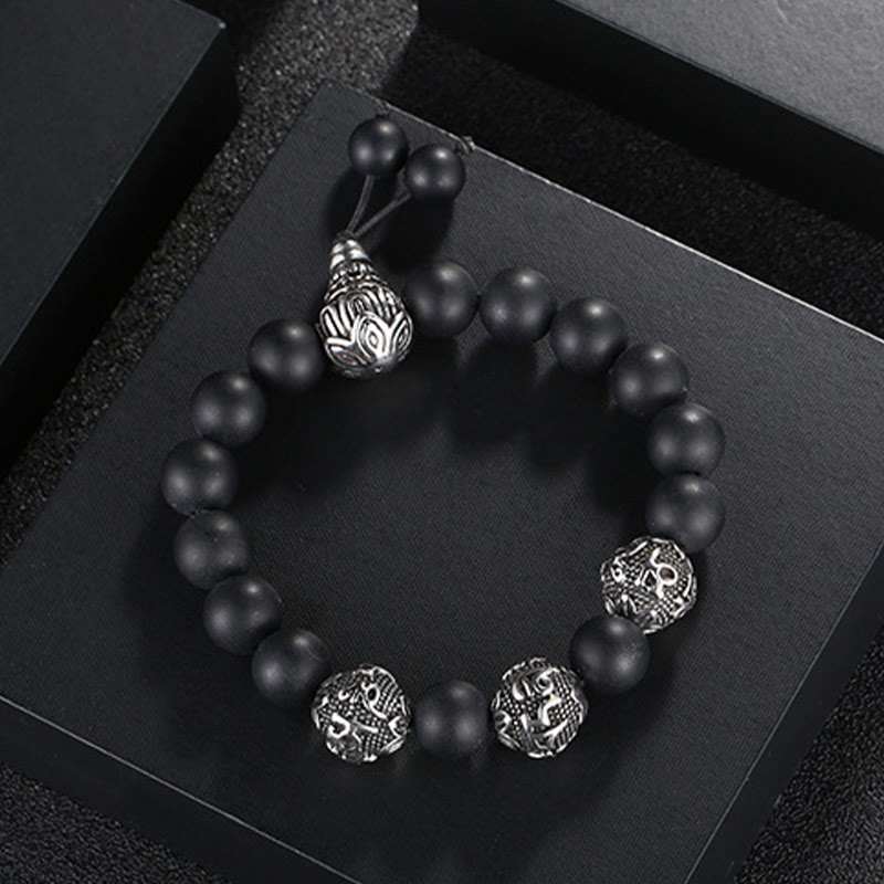Tiger Eye Lava Rock Obsidian Om Mani Padme Hum Bracelet – obsidian beads on black box, shielding power