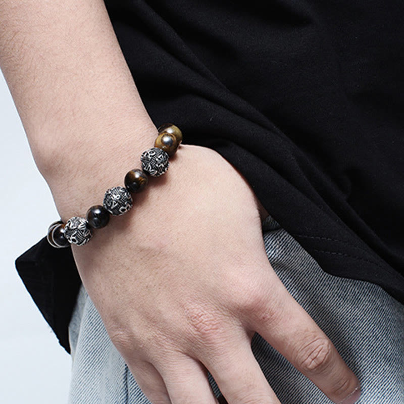 Tiger Eye Lava Rock Obsidian Om Mani Padme Hum Bracelet – wrist shot black shirt, daily protection wear