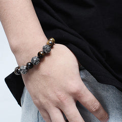 Tiger Eye Lava Rock Obsidian Om Mani Padme Hum Bracelet – wrist shot black shirt, daily protection wear