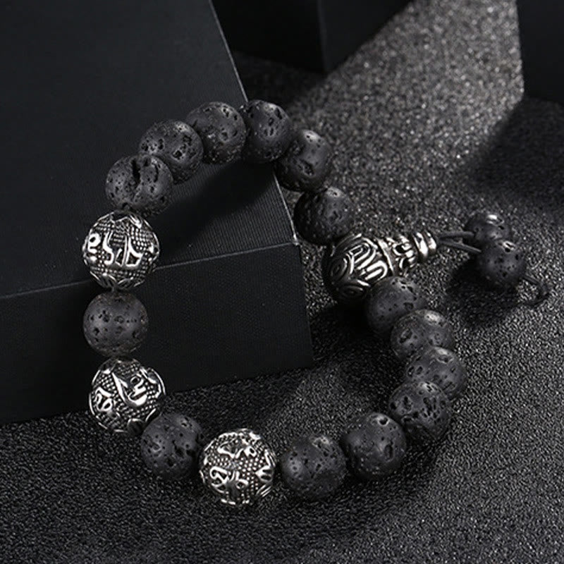 Tiger Eye Lava Rock Obsidian Om Mani Padme Hum Bracelet – lava rock beads on black box, grounding energy