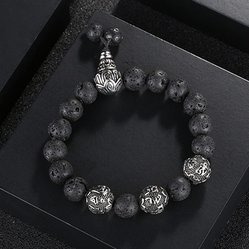 Tiger Eye Lava Rock Obsidian Om Mani Padme Hum Bracelet – top view lava rock black, volcanic texture