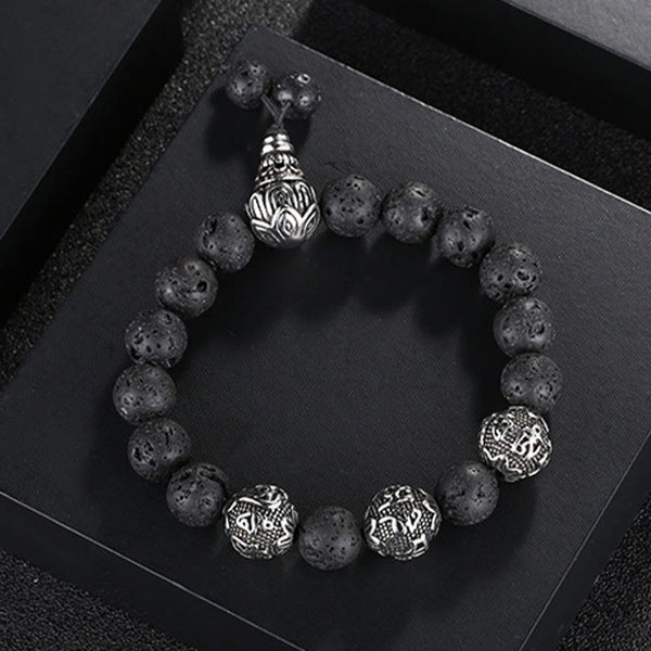 Tiger Eye Lava Rock Obsidian Om Mani Padme Hum Bracelet – top view lava rock black, volcanic texture