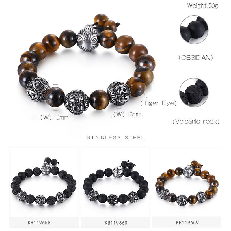 Tiger Eye Lava Rock Obsidian Om Mani Padme Hum Bracelet