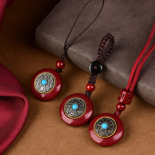 Natural Cinnabar Om Mani Padme Hum Pendant – Three cord style variants displayed together, braided blessing necklace