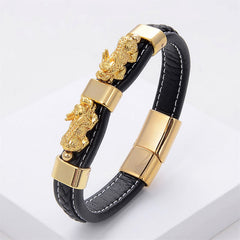 Double PiXiu Wealth Luck Leather Magnetic Bracelet – Gold PiXiu / 16-18cm, image 1, healing bracelet