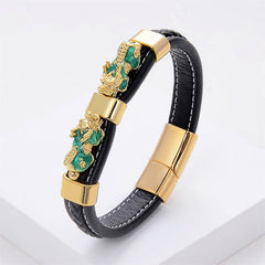 Double PiXiu Wealth Luck Leather Magnetic Bracelet – Gold PiXiu / 18-22cm, image 3, healing bracelet