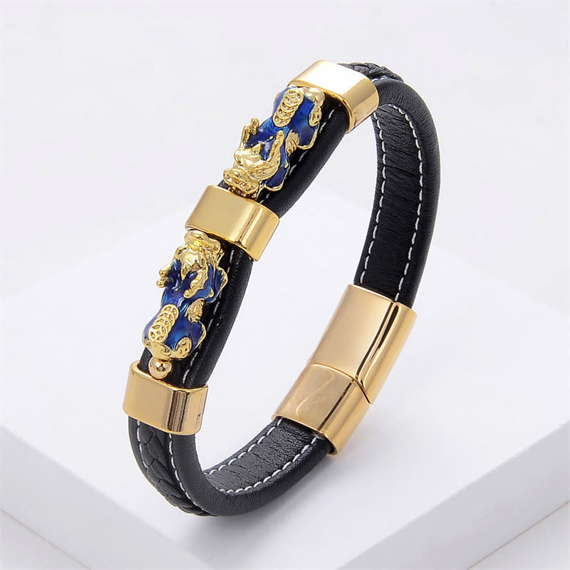 Double PiXiu Wealth Luck Leather Magnetic Bracelet – Black Gold PiXiu / 18-20cm, image 5, healing bracelet