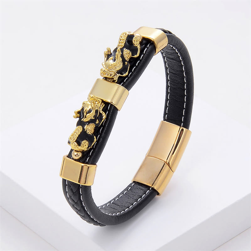 Double PiXiu Wealth Luck Leather Magnetic Bracelet – Gold PiXiu / 18-20cm, image 2, healing bracelet