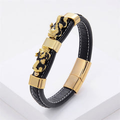 Double PiXiu Wealth Luck Leather Magnetic Bracelet – Gold PiXiu / 18-20cm, image 2, healing bracelet