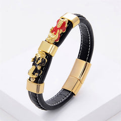 Double PiXiu Wealth Luck Leather Magnetic Bracelet – Black Gold PiXiu / 16-18cm, image 4, healing bracelet