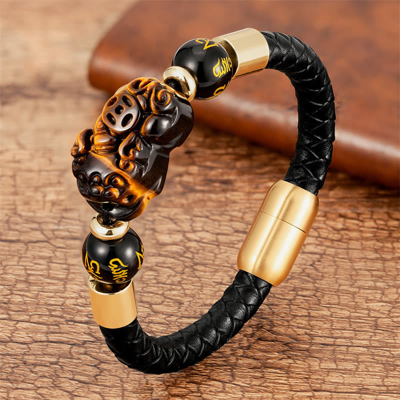Tiger Eye Onyx Agate PiXiu Copper Coin Leather Bracelet – Tiger Eye / 16-18cm, image 1, healing bracelet