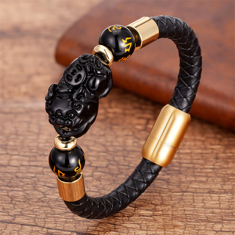 Tiger Eye Onyx Agate PiXiu Copper Coin Leather Bracelet – Black Onyx / 18-22cm, image 6, healing bracelet