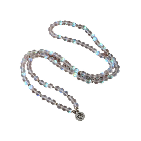 108 Mala Glitter Stone Lotus Bracelet – S-curve display of frosted beads & silver charm, pure