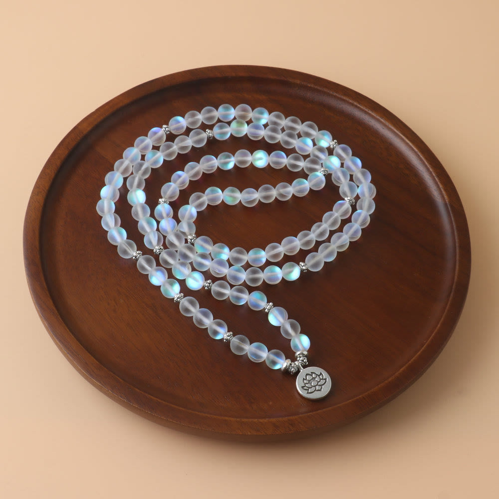 108 Mala Glitter Stone Lotus Bracelet – frosted moonstone beads & lotus pendant in loops, clarity