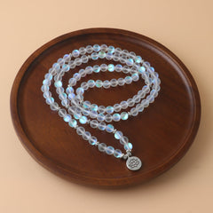 108 Mala Glitter Stone Lotus Bracelet – frosted moonstone beads & lotus pendant in loops, clarity