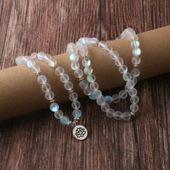 108 Mala Glitter Stone Lotus Bracelet – beaded wrap on kraft paper with lotus charm, mindful