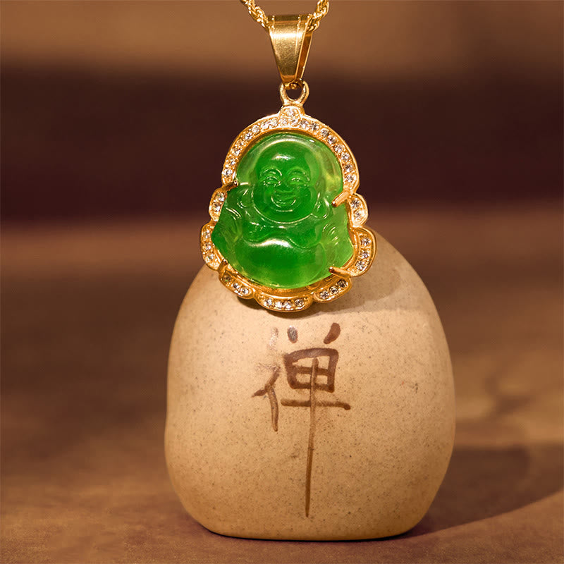 18K Gold Filled Laughing Buddha Jade Necklace – Jade pendant back view, smooth polished green stone