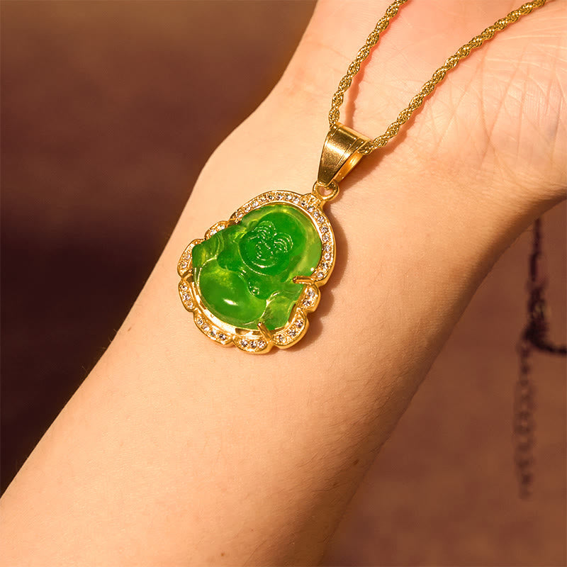 18K Gold Filled Laughing Buddha Jade Necklace – On black velvet, luxury jewelry display, premium feel