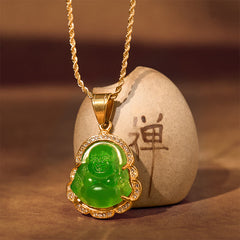 18K Gold Filled Laughing Buddha Jade Necklace – 18K gold filled chain close-up, stamp and clasp detail