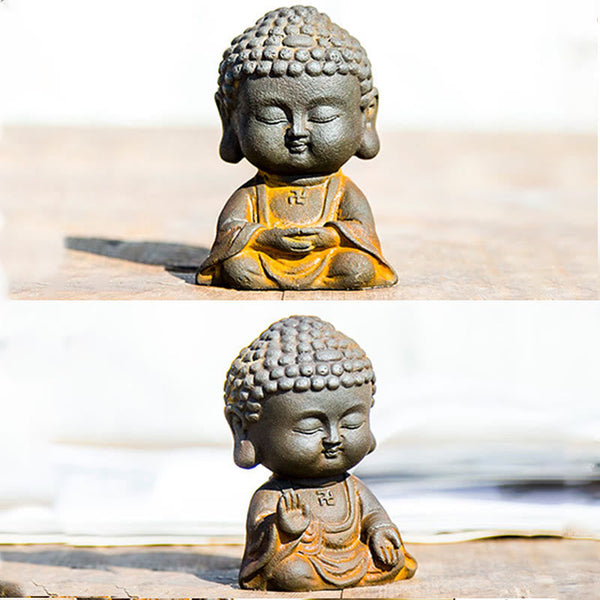 Meditating Buddha Statue – Three-piece set arranged together, harmonious spiritual display, Buddhist decor