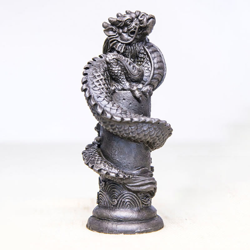 Flying Dragon Pillar Resin Statue – three-quarter side profile on clean white, dragon ascending pillar, powerful