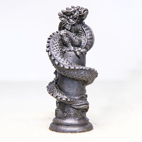 Flying Dragon Pillar Resin Statue – three-quarter side profile on clean white, dragon ascending pillar, powerful
