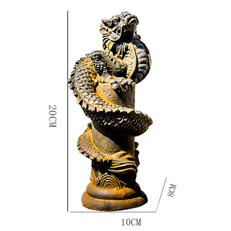 Flying Dragon Pillar Resin Statue – three-quarter side view with dimension markers 20x10x8cm, fortune craft