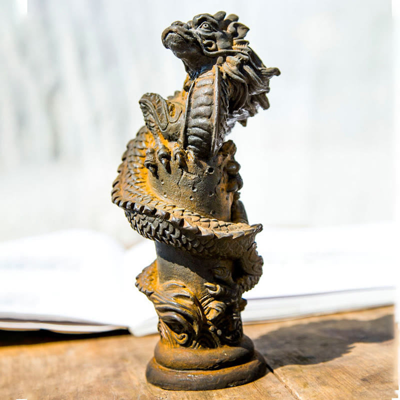Flying Dragon Pillar Resin Statue – low three-quarter profile with sheer curtain backlight, spiral dragon strength
