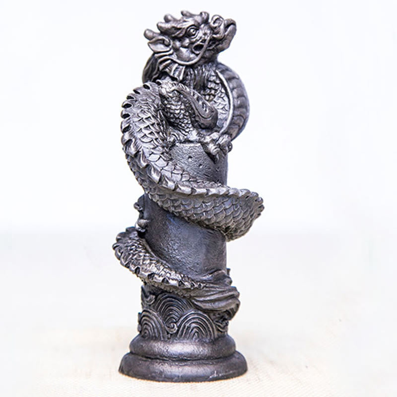 Flying Dragon Pillar Resin Statue – white background studio shot with soft shadow, dragon ascending, strength decor