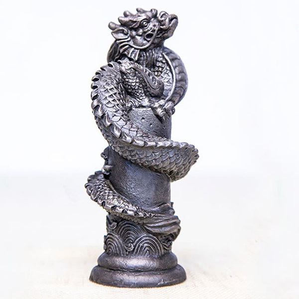 Flying Dragon Pillar Resin Statue – white background studio shot with soft shadow, dragon ascending, strength decor