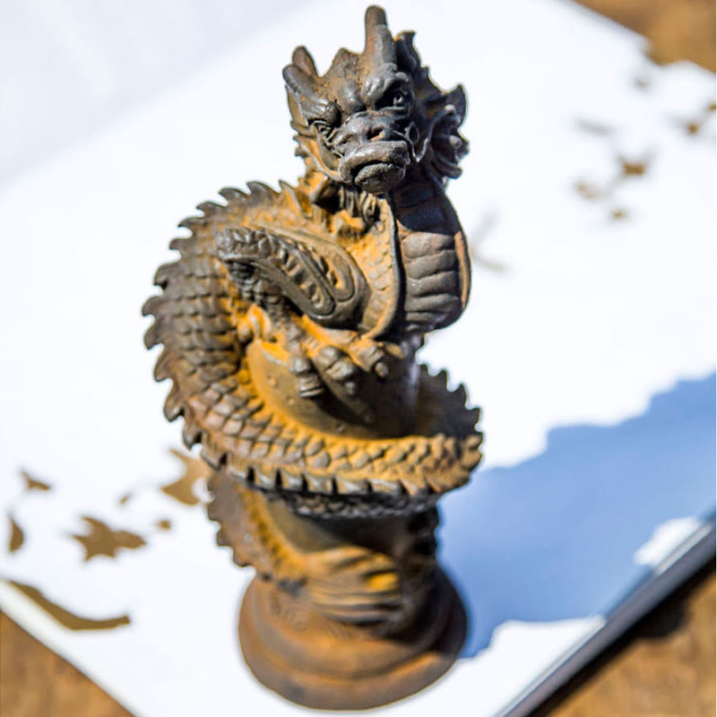 Flying Dragon Pillar Resin Statue – front-left angle on glossy dark surface with white backdrop, protective dragon