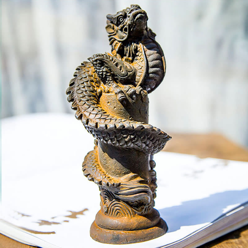 Flying Dragon Pillar Resin Statue – low angle with open book and wooden surface, dragon coiling upward, powerful