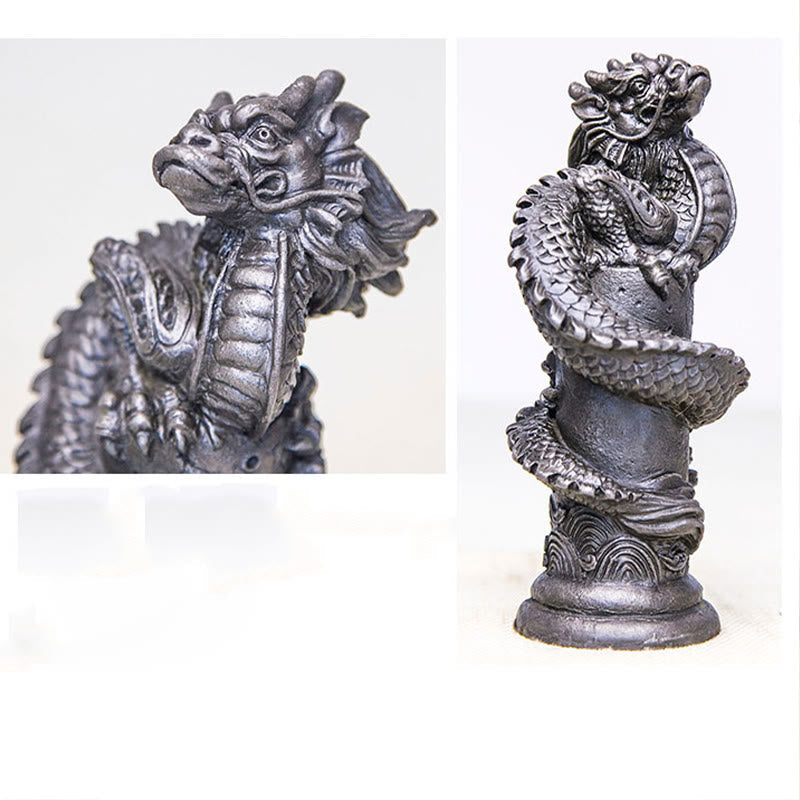 Flying Dragon Pillar Resin Statue – dual panel showing dragon head closeup and full statue on white, protective