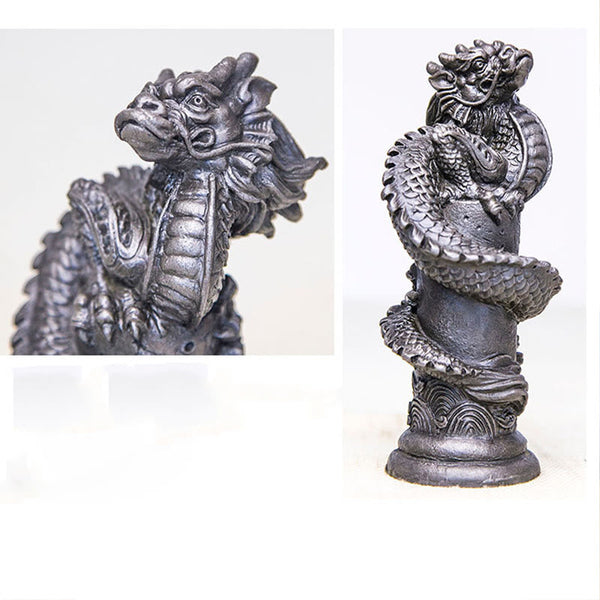 Flying Dragon Pillar Resin Statue – dual panel showing dragon head closeup and full statue on white, protective