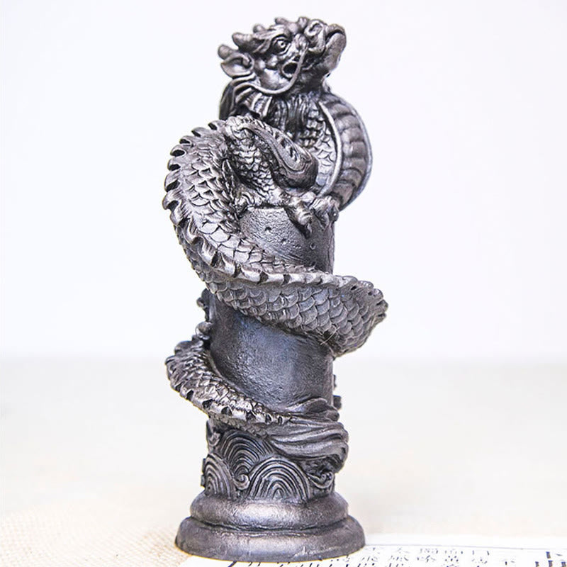 Flying Dragon Pillar Resin Statue – centered product shot on plain white, dragon coiled on pillar, fortune piece