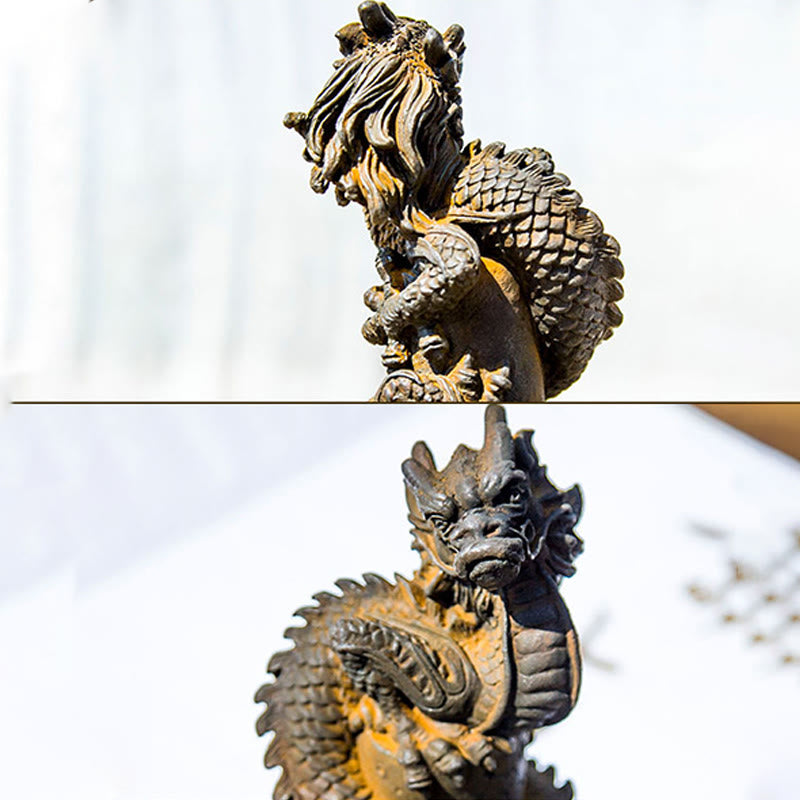 Flying Dragon Pillar Resin Statue – split rear and front closeup on white background, fierce dragon guardian