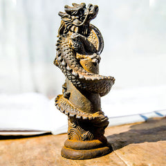 Flying Dragon Pillar Resin Statue – low side angle with open book prop showing spiral dragon, strength ascension