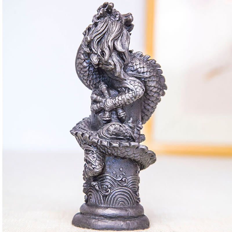 Flying Dragon Pillar Resin Statue – full side view with gold frame background, detailed scales, feng shui fortune