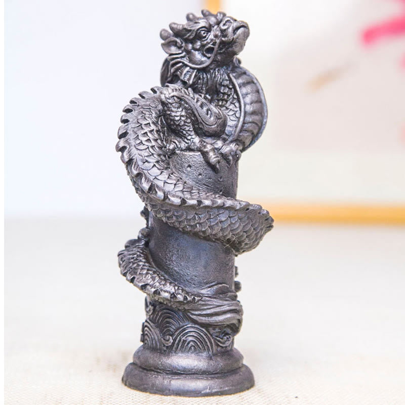 Flying Dragon Pillar Resin Statue – centered vertical closeup with soft cream background, scale detail, powerful